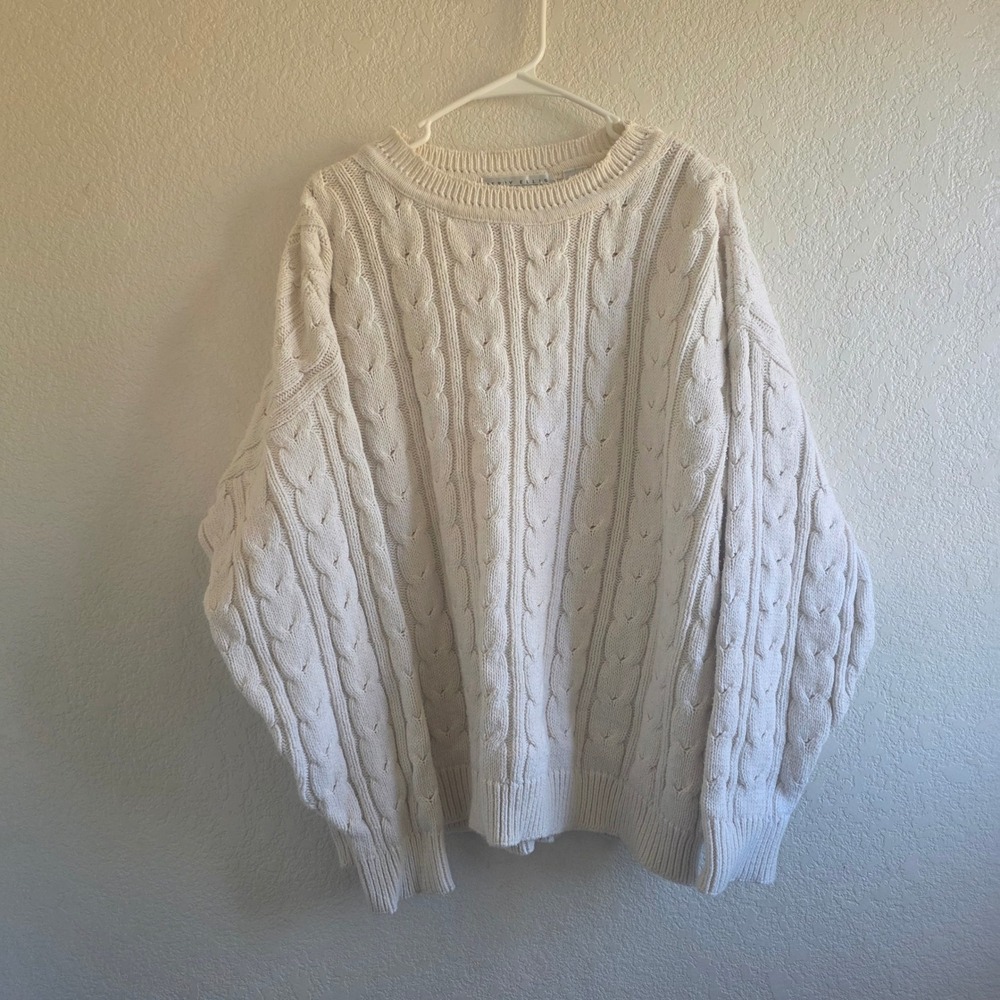 Perry Ellis Portfolio Cream Cable Knit Sweater Large VTG Preppy Grandpa